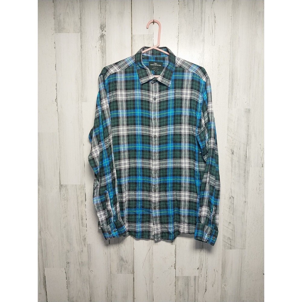 Rodd & Gunn Shirt Men's Linen Button Up Large Sports Fit Blue Long Sleeve Plaid